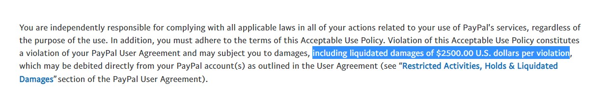 The opening paragraph of the PayPal Acceptable Use Policy, with the phrase about liquidated damages of $2500.00 U.S. dollars per violation highlighted.